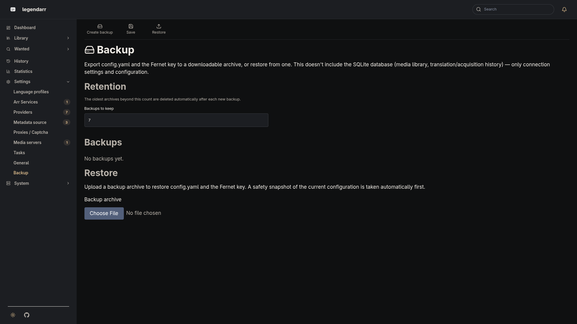 Backup settings page