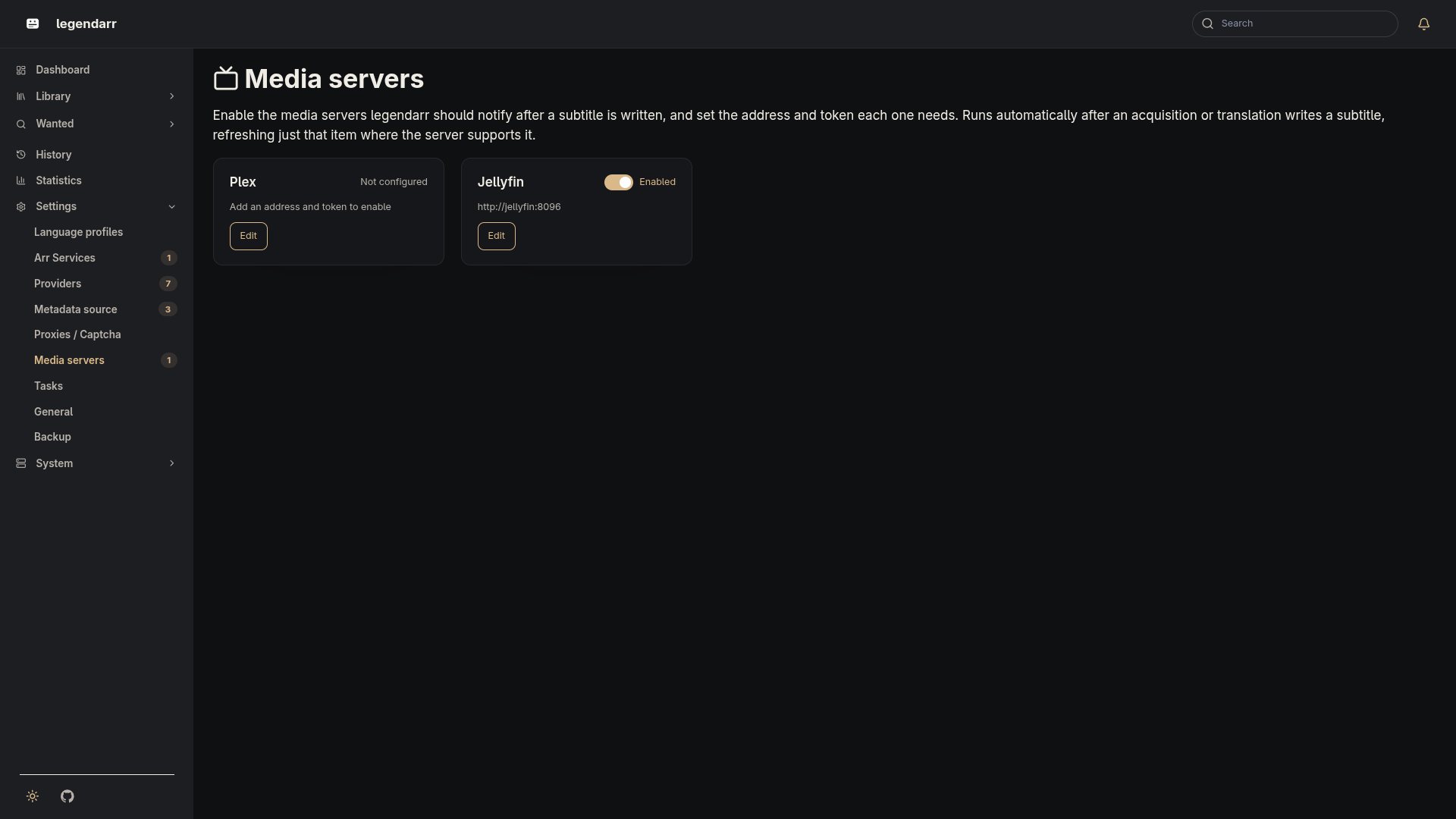 Media servers settings page