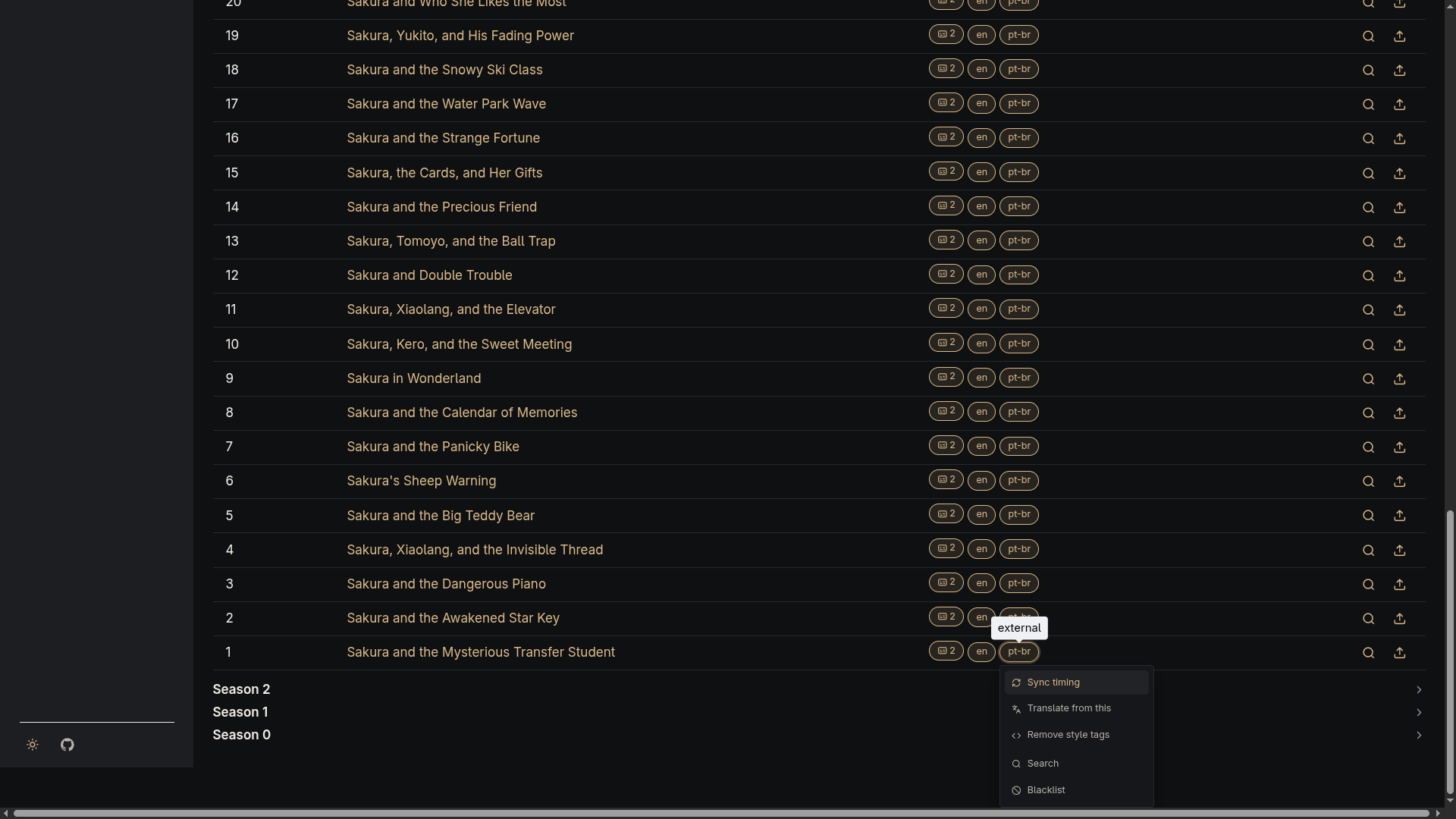 Per-subtitle actions menu with the Sync timing button