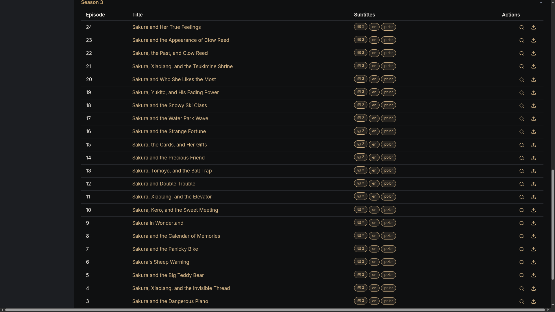 Episode list with embedded-track and language badges
