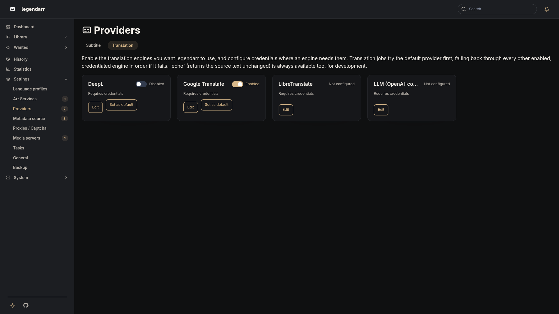 Translation providers settings page